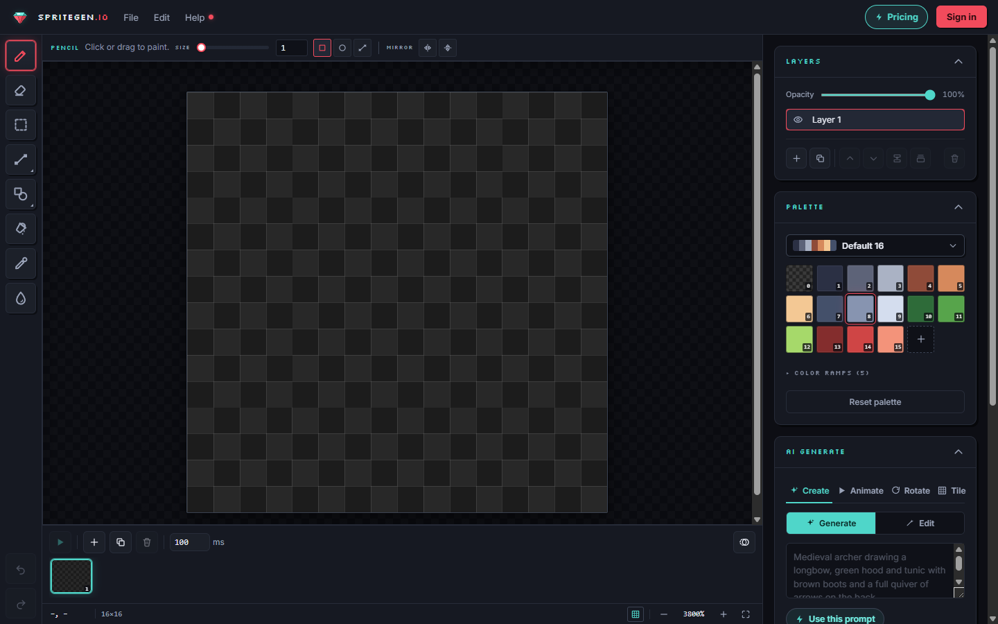 The SpriteGen editor: a fixed pixel grid in the center, tools on the left, and layers, palette, and AI panels on the right.
